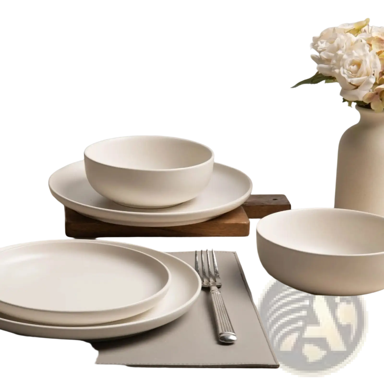Minimalist white ceramic 12 piece stoneware dinnerware set with smooth rounded edges and matte finish for three
