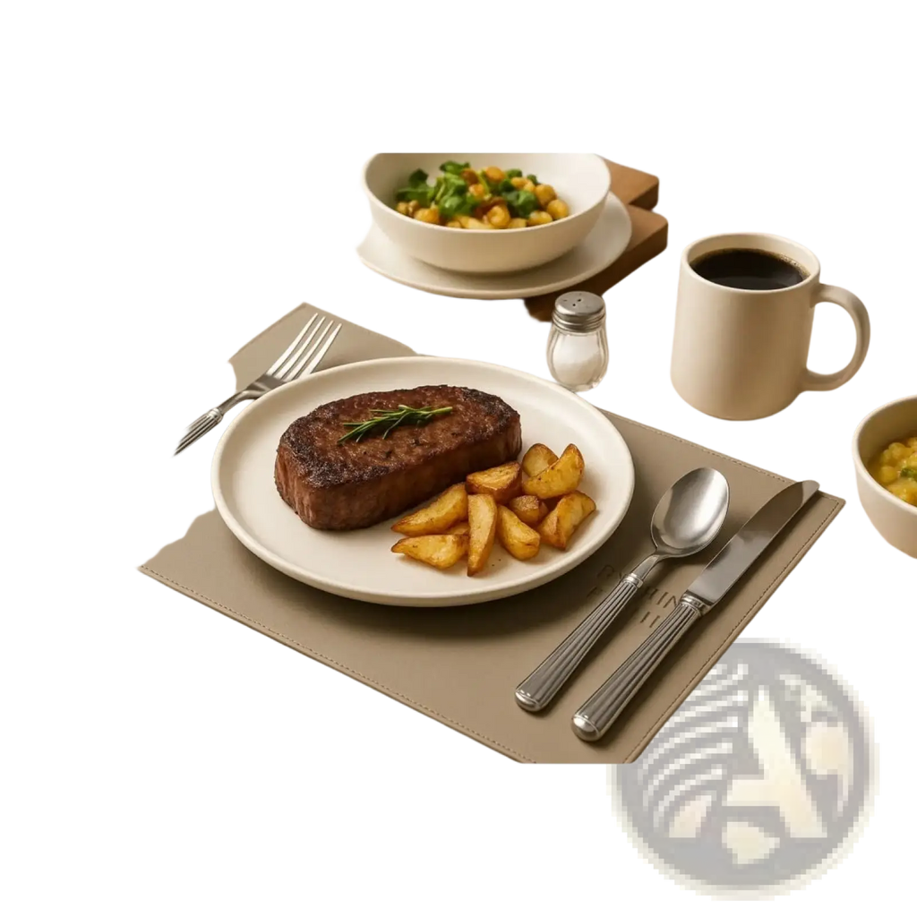 Grilled steak with rosemary and roasted potatoes served on white stoneware dinnerware set with mugs for 3
