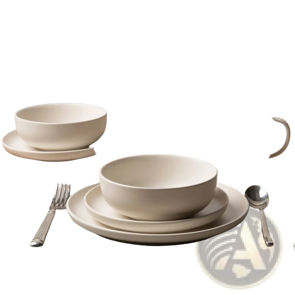 Cream-colored ceramic 12 piece stoneware dinnerware set with minimalist modern design and mugs for three people