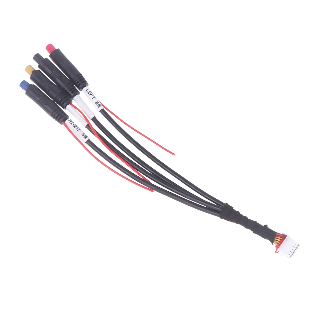 Black 12 pin dash cam cable for android radios with five color-coded connectors and labeled left and right sections visible