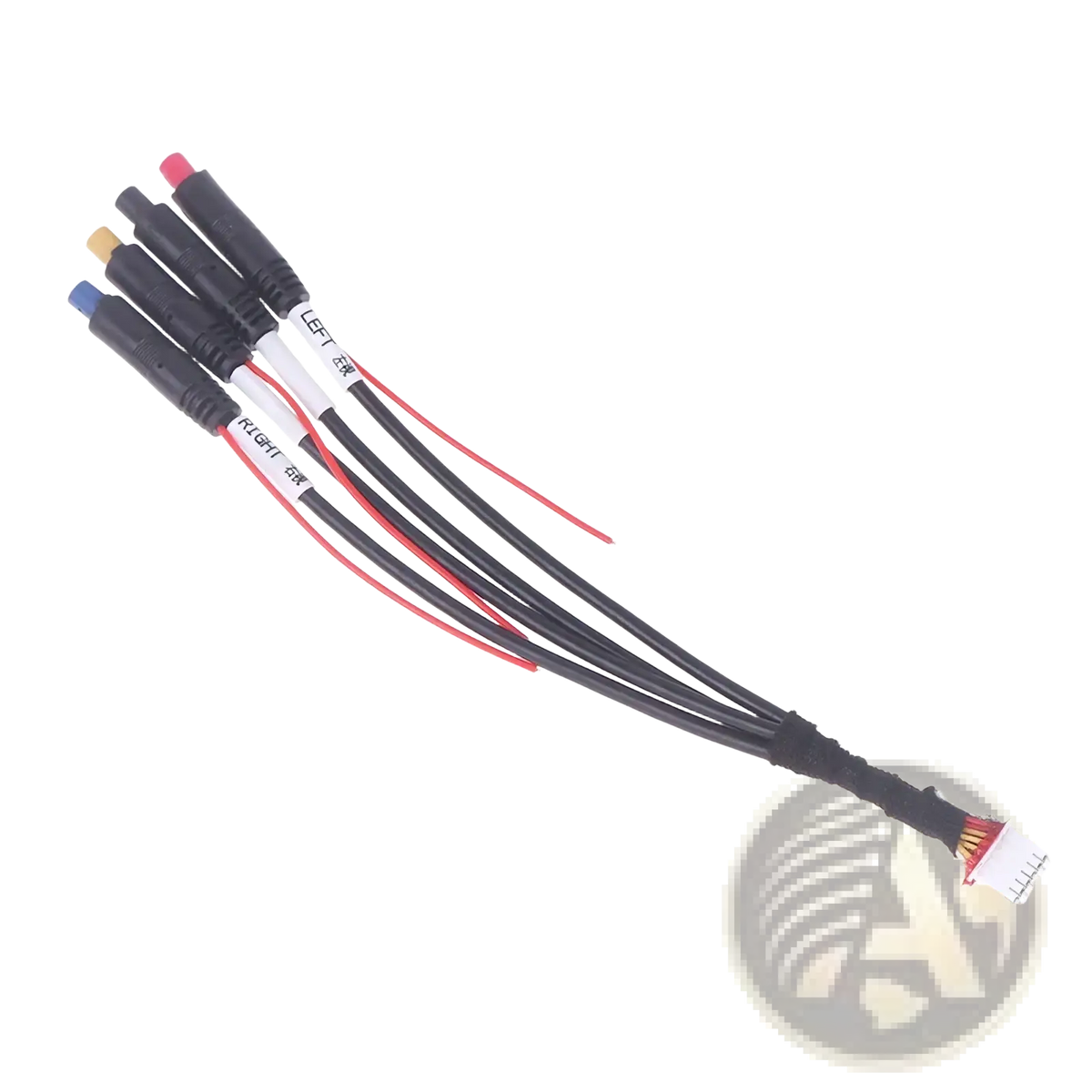 Black 12 pin dash cam cable for android radios with five color-coded connectors and labeled left and right sections visible