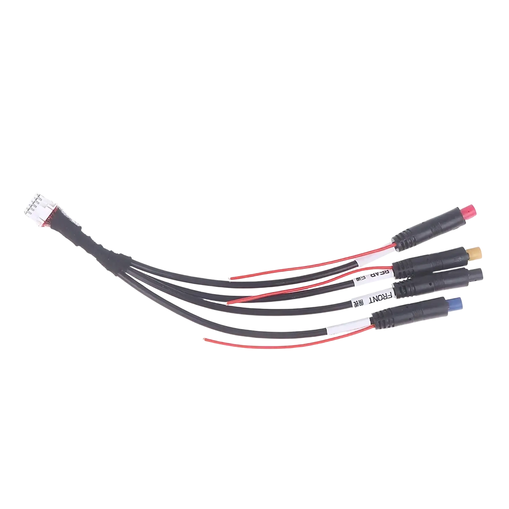 Black multi-conductor 12 pin dash cam cable with red and black wires and three connectors for android radios front side