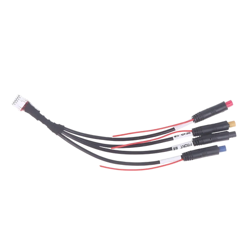 Black multi-conductor 12 pin dash cam cable with red and black wires and three connectors for android radios front side