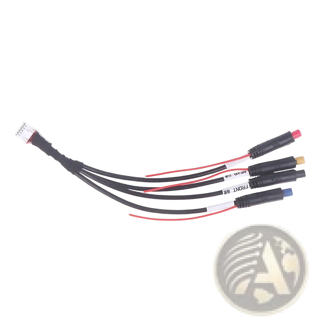 Black multi-conductor 12 pin dash cam cable with red and black wires and three connectors for android radios front side