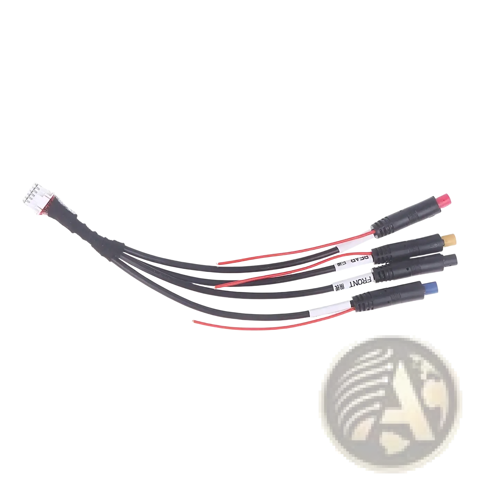 Black multi-conductor 12 pin dash cam cable with red and black wires and three connectors for android radios front side