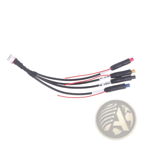 Black multi-conductor 12 pin dash cam cable with red and black wires and three connectors for android radios front side