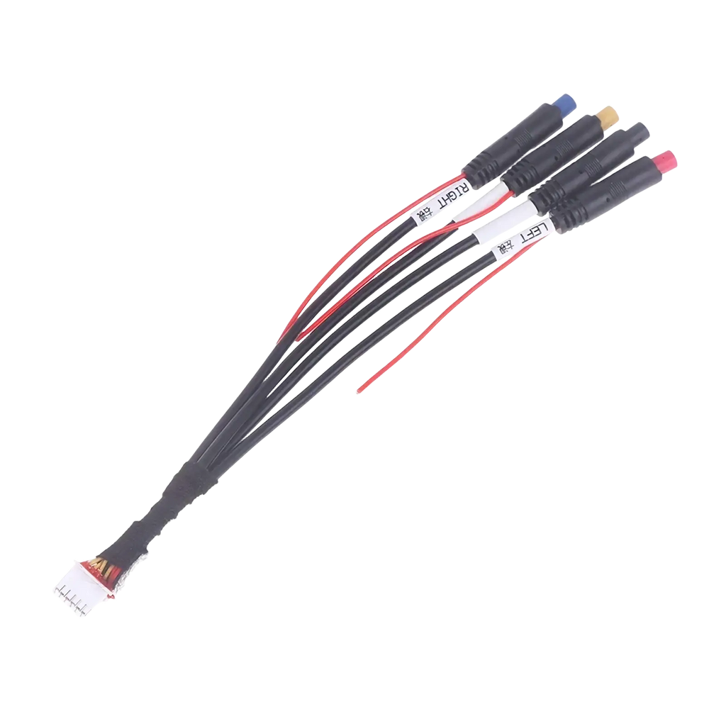 Black multi-wire 12 pin dash cam cable for android radios with color-coded left and right connectors and white end connector