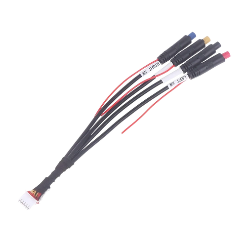 Black multi-wire 12 pin dash cam cable for android radios with color-coded left and right connectors and white end connector
