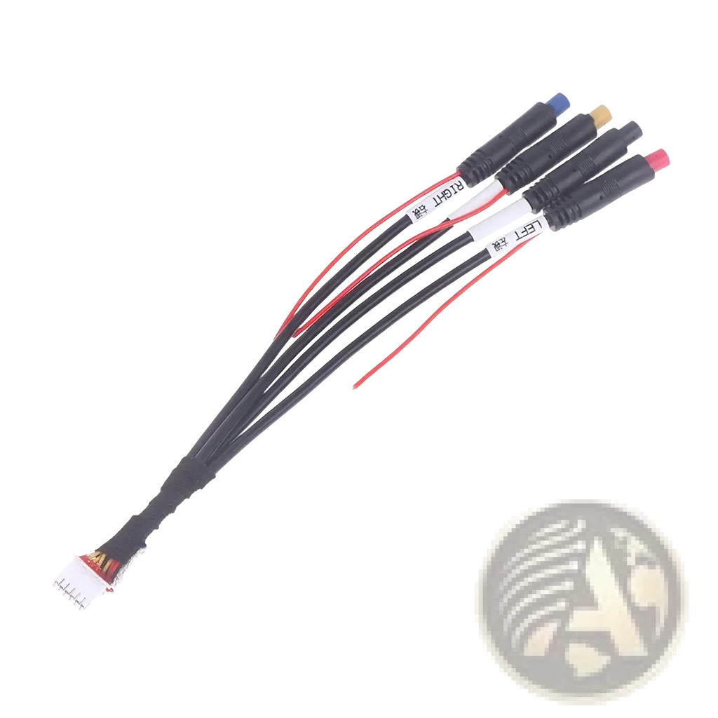 Black multi-wire 12 pin dash cam cable for android radios with color-coded left and right connectors and white end connector