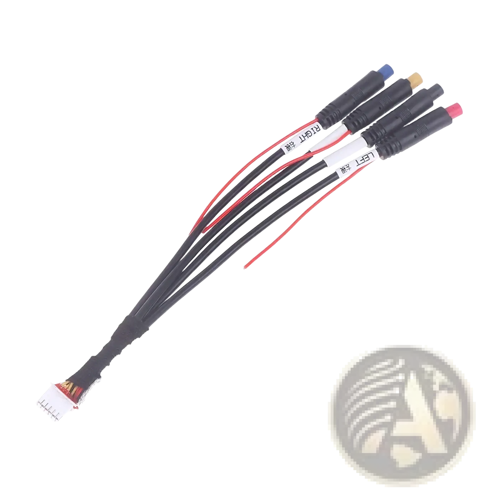 Black multi-wire 12 pin dash cam cable for android radios with color-coded left and right connectors and white end connector