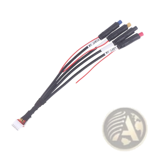Black multi-wire 12 pin dash cam cable for android radios with color-coded left and right connectors and white end connector