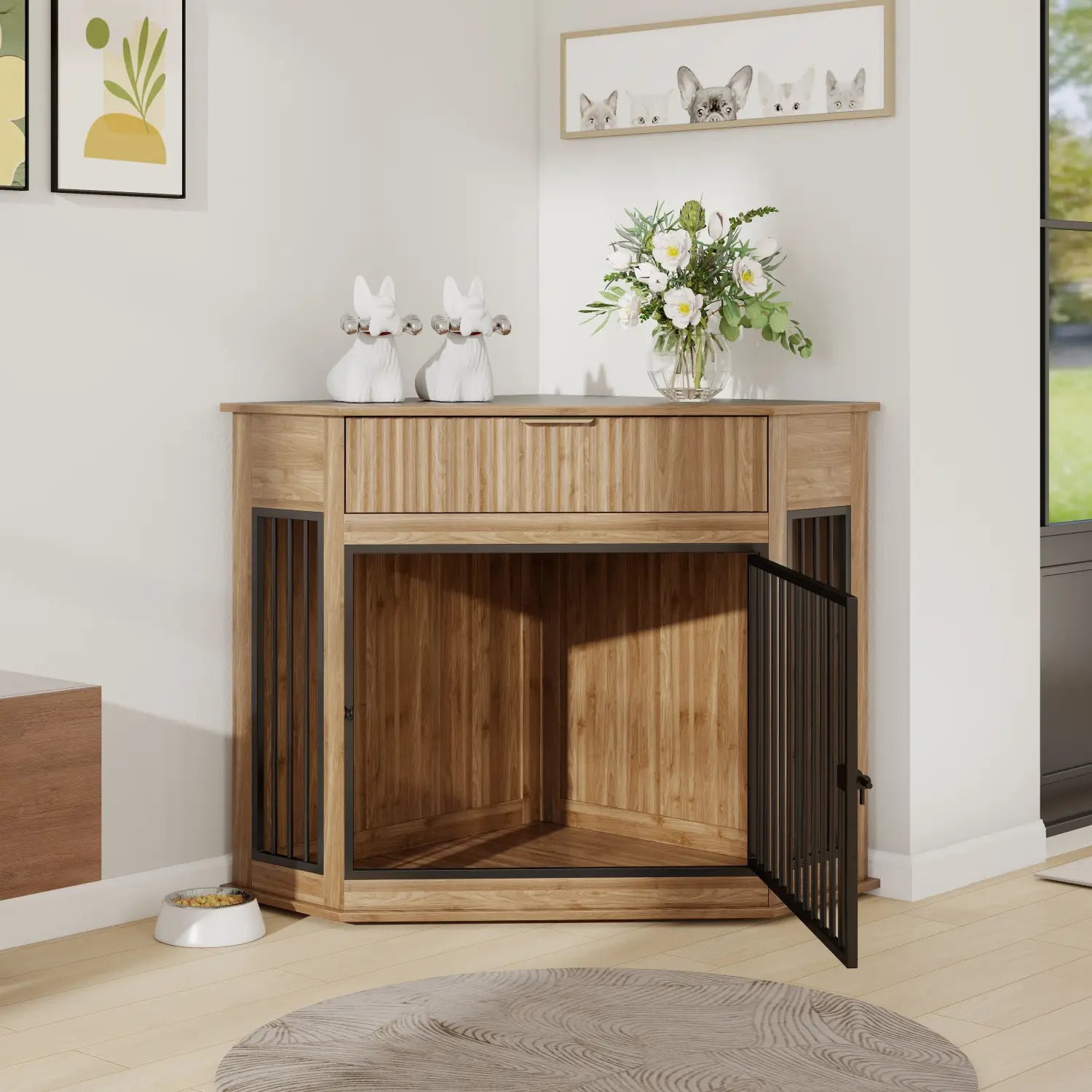light brown bamboo corner dog crate furniture with black metal gate and slatted sides featuring a fluted storage drawer