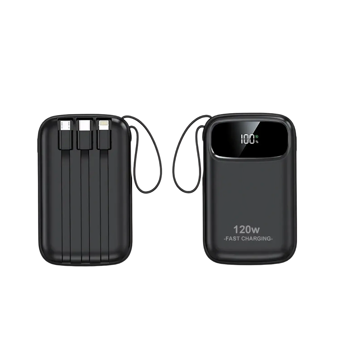 Black rectangular 120w fast charging 20000mah power bank with digital display showing 100 percent charge and wrist strap