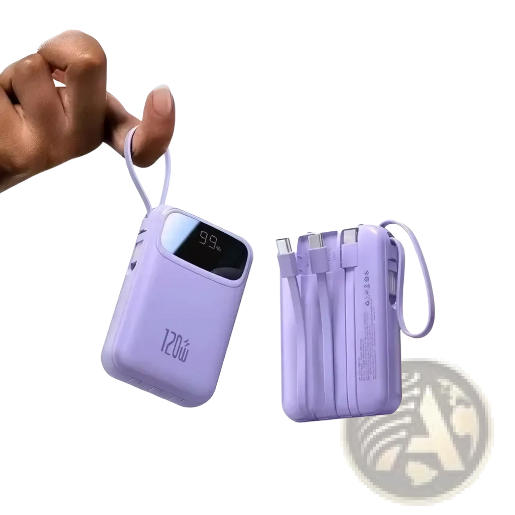 Lavender 120w fast charging 20000mah power bank with digital display showing 99 percent battery level