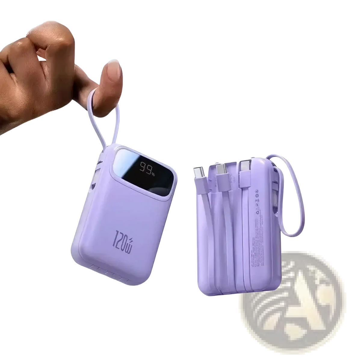 Lavender 120w fast charging 20000mah power bank with digital display showing 99 percent battery level