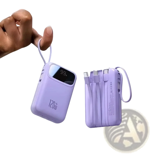Lavender 120w fast charging 20000mah power bank with digital display showing 99 percent battery level
