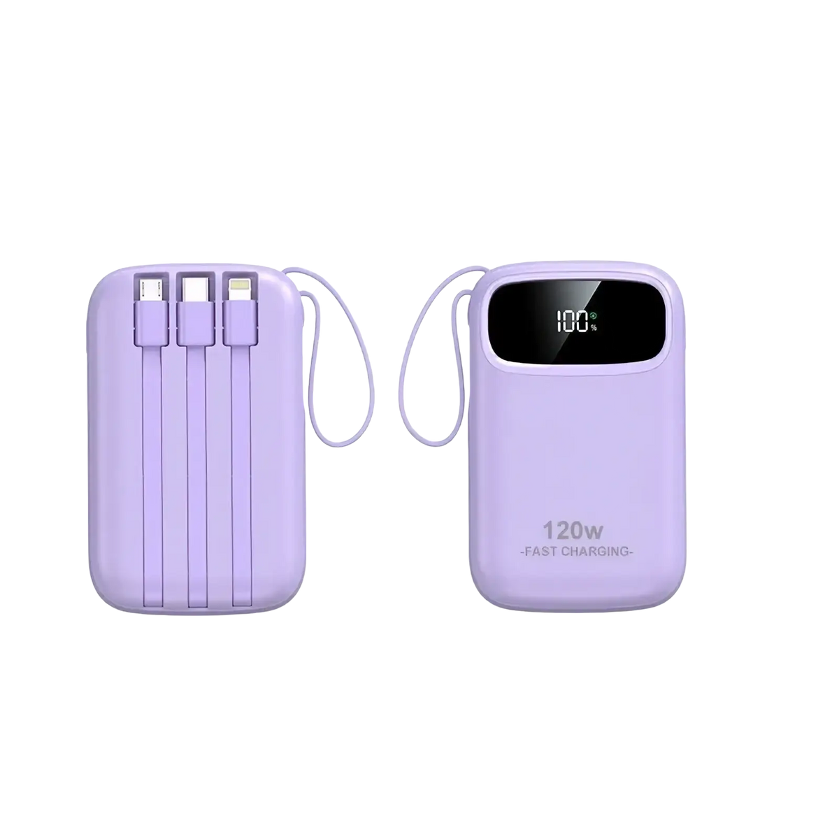Lavender 120W fast charging 20000mAh power bank with integrated USB cables and digital display showing 100% charge