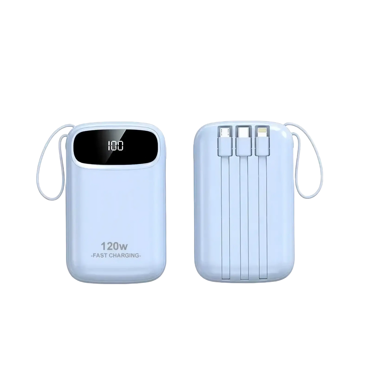 Light blue 120w fast charging 20000mah power bank with integrated usb-c lightning and micro-usb cables