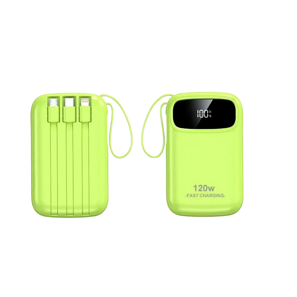 Lime green 120w fast charging 20000mah power bank with integrated usb-c micro-usb and lightning cables