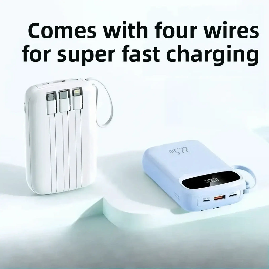 Portable white and light blue 120w fast charging 20000mah power banks with integrated charging cables lavender model