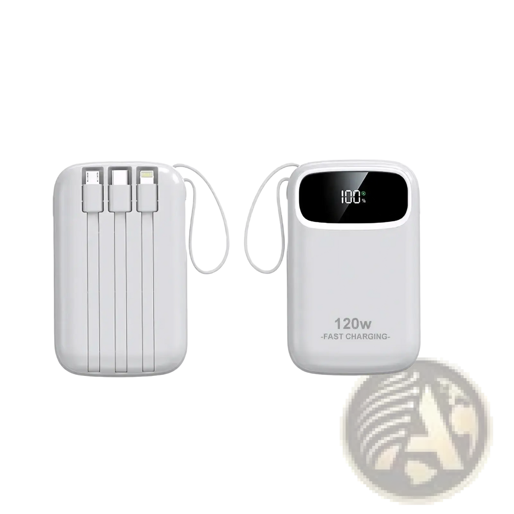 White 120w fast charging 20000mah power bank with digital display showing 100 percent charge and three cables