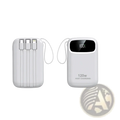 White 120w fast charging 20000mah power bank with digital display showing 100 percent charge and three cables