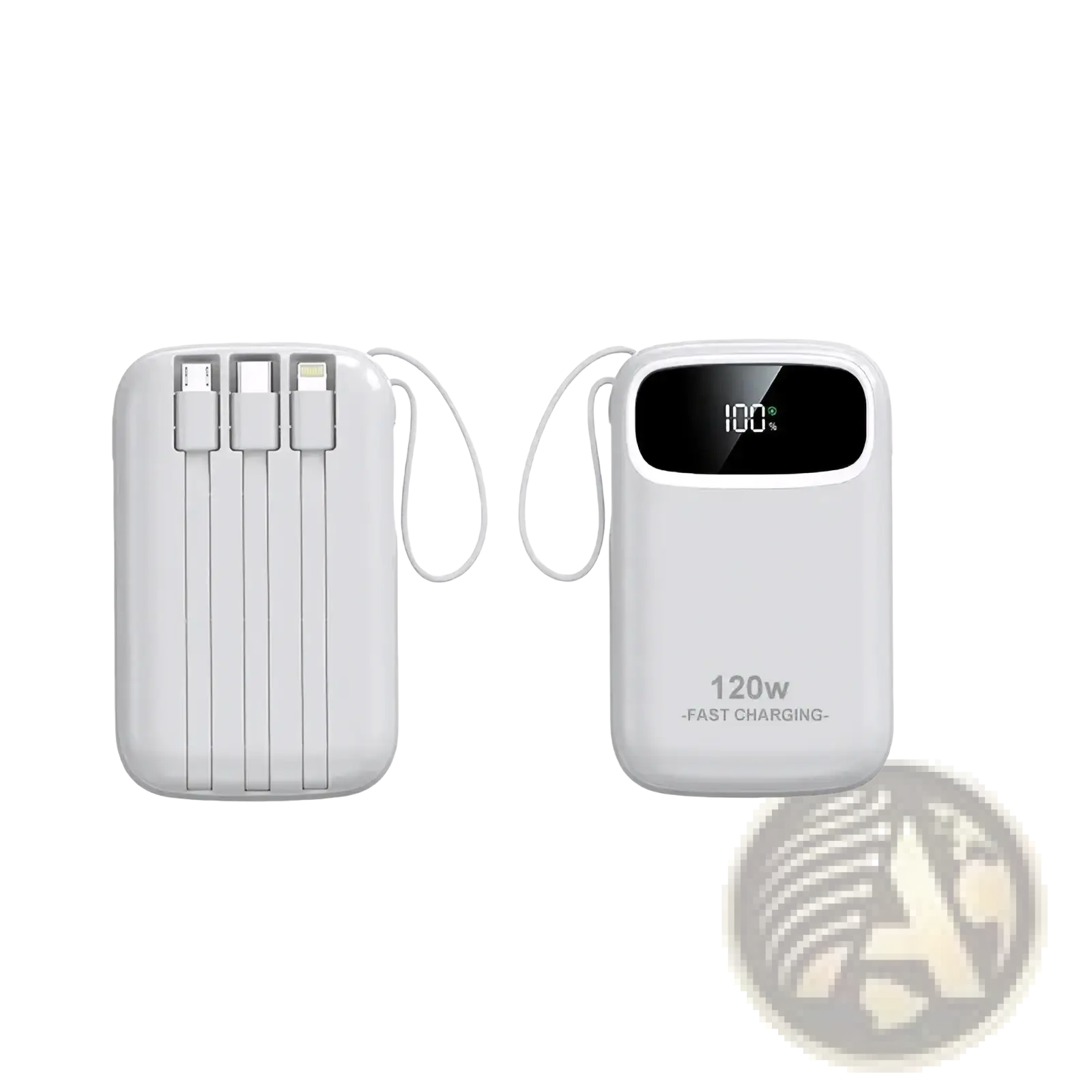 White 120w fast charging 20000mah power bank with digital display showing 100 percent charge and three cables