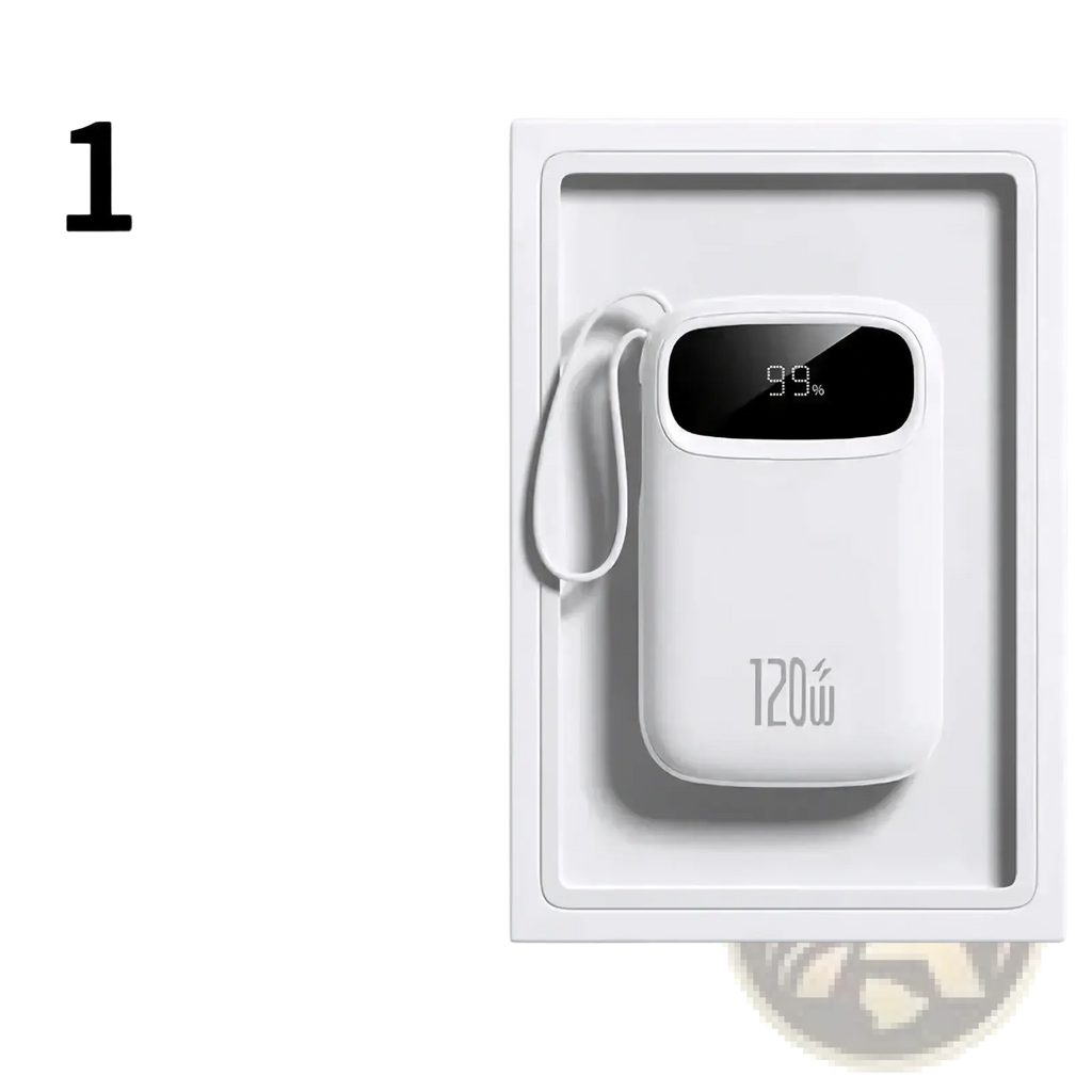 White 120w fast charging 20000mah portable power bank with digital display showing 99 battery and wrist strap