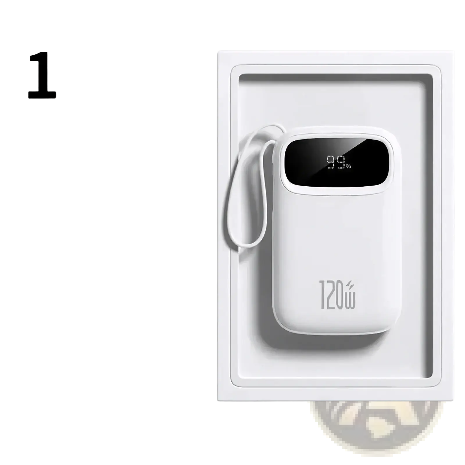 White 120w fast charging 20000mah portable power bank with digital display showing 99 battery and wrist strap