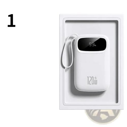 White 120w fast charging 20000mah portable power bank with digital display showing 99 battery and wrist strap