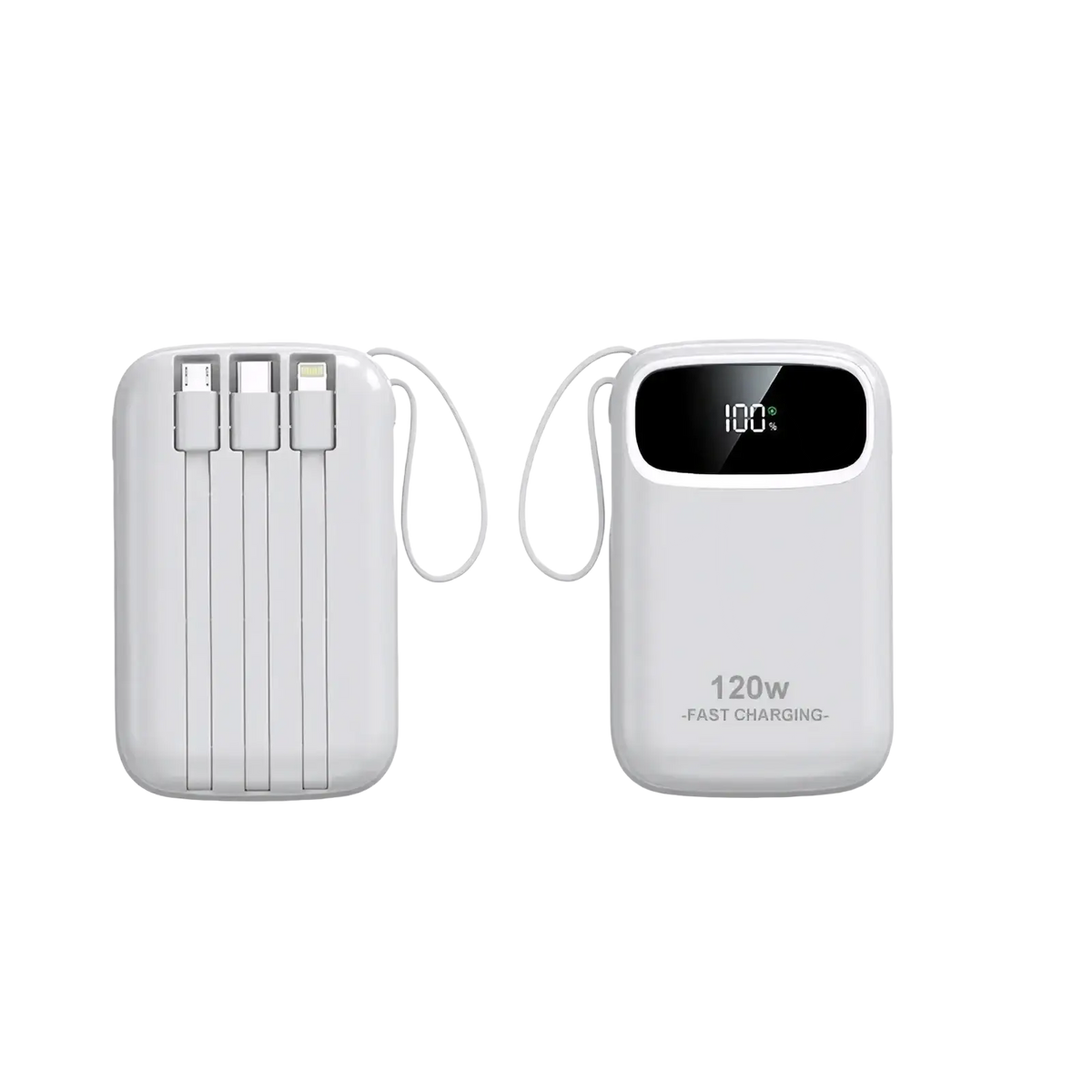 White 120w fast charging 20000mah power bank with digital display showing 100 percent charge and three cables