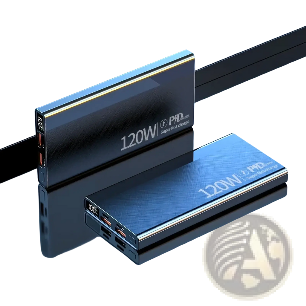 Black and blue metallic 120w fast charging portable power banks with brushed finish and digital display