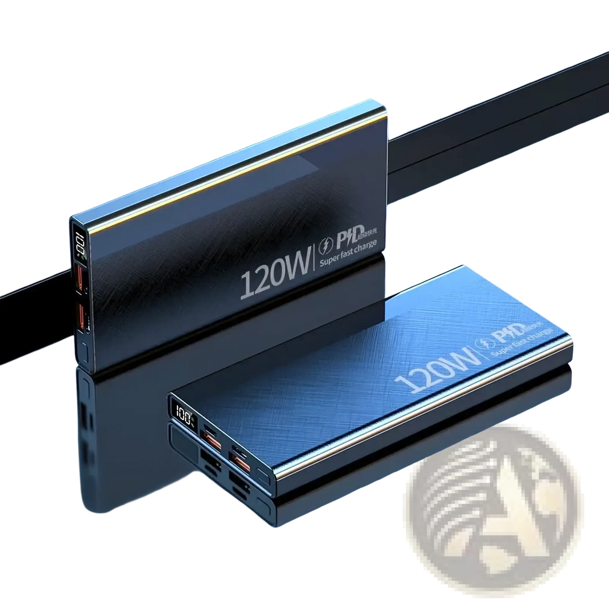 Black and blue metallic 120w fast charging portable power banks with brushed finish and digital display