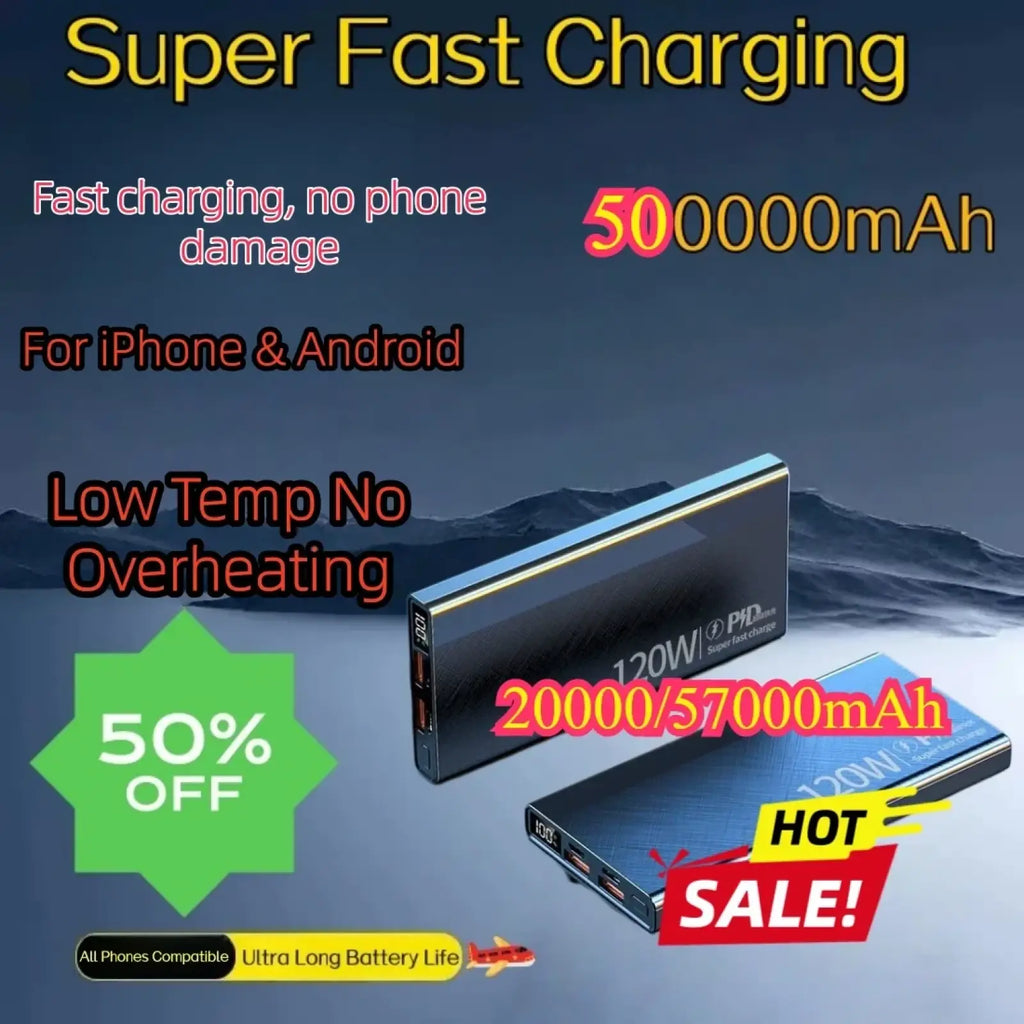 Black rectangular power bank with silver trim featuring 120w super fast charge digital display for portable charging