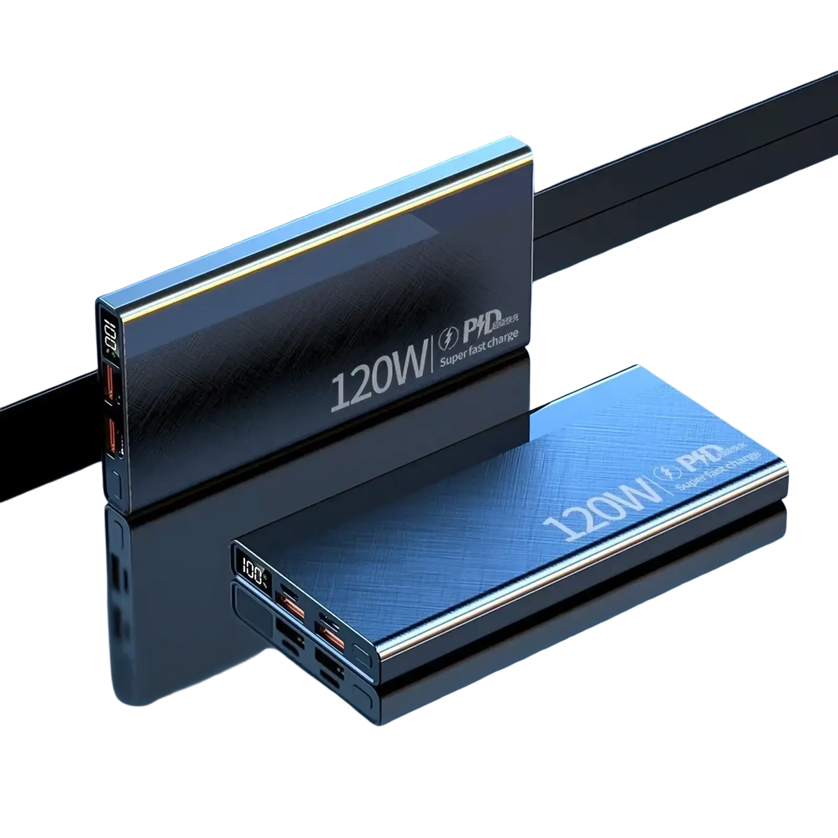 Black and blue metallic 120w fast charging portable power banks with brushed finish and digital display