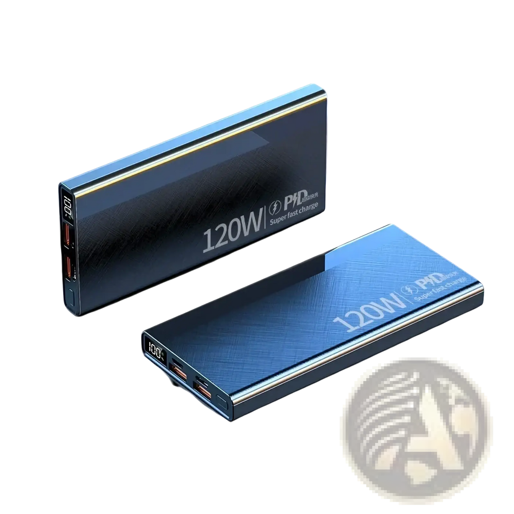 Blue metallic 120w fast charging portable power bank with brushed finish gold trim and digital display