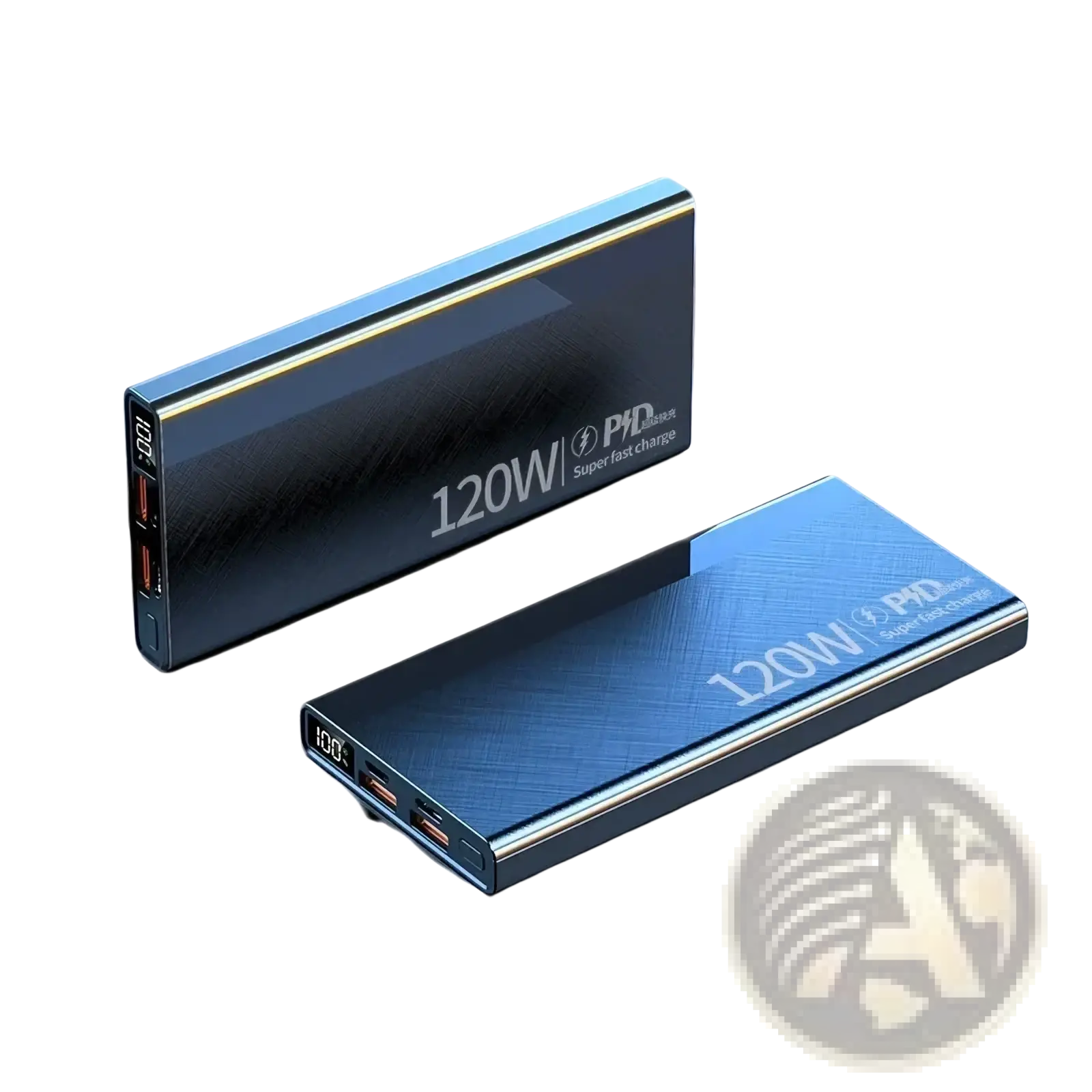Blue metallic 120w fast charging portable power bank with brushed finish gold trim and digital display