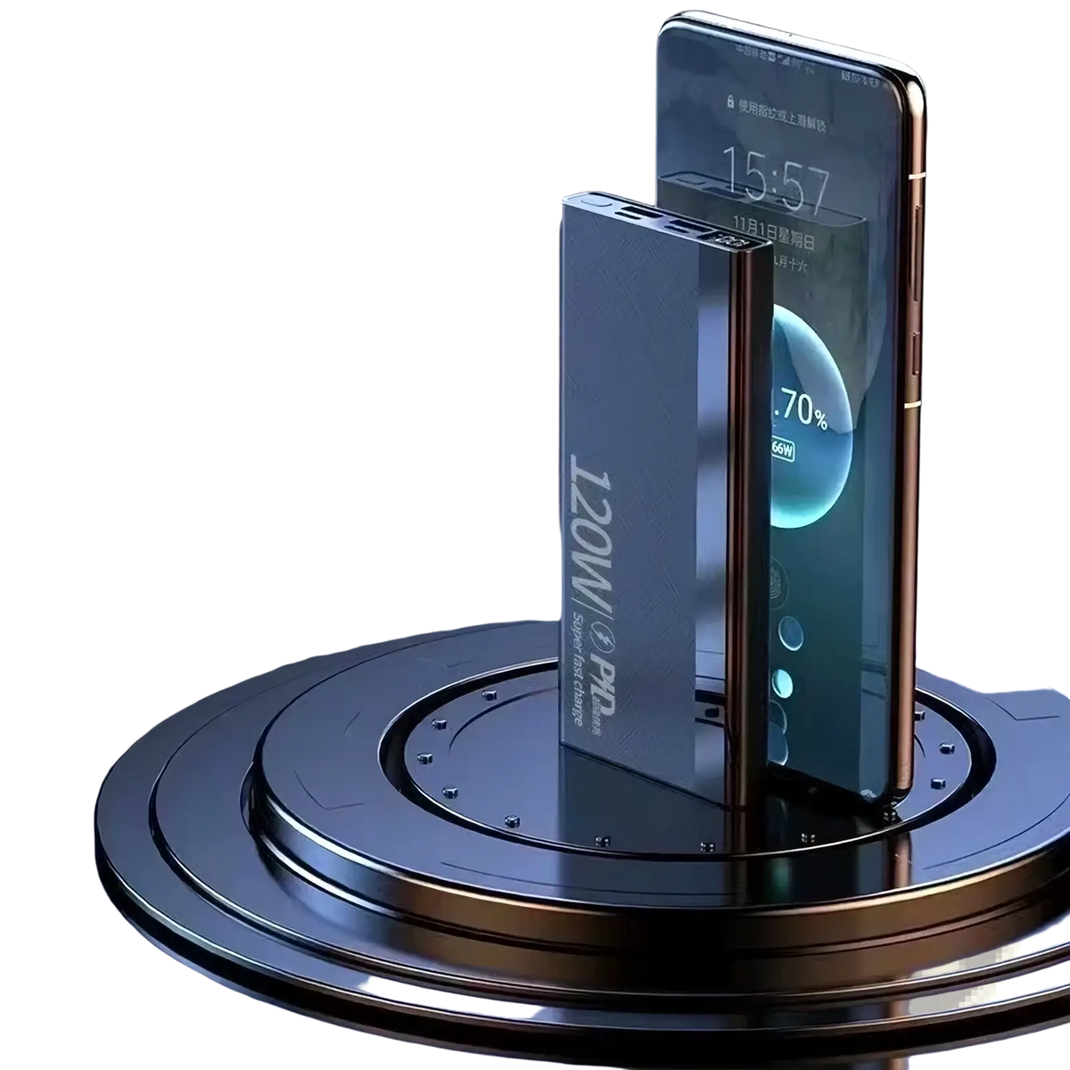 A sleek metallic gray 120w fast charging portable power bank with digital display beside a smartphone