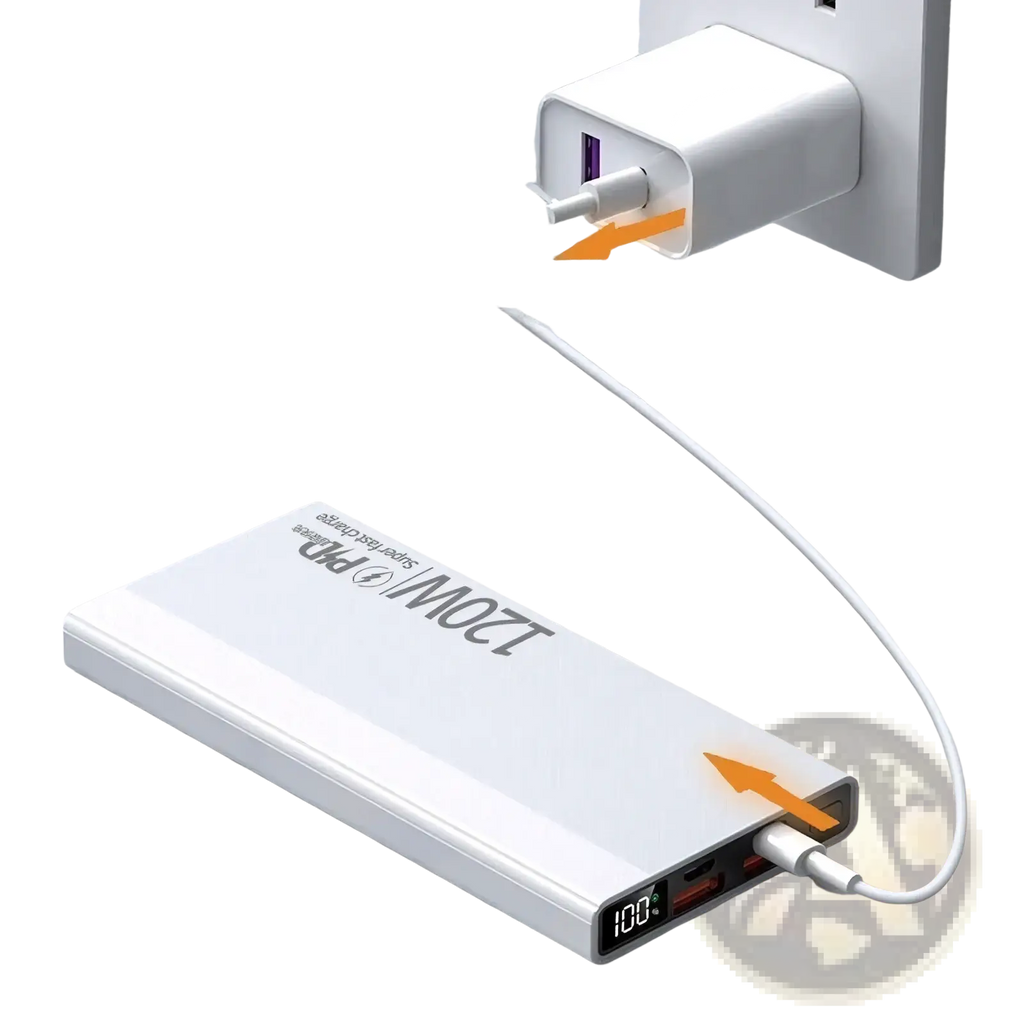 White rectangular portable power bank with 120w pd fast charging and digital display showing 100% battery level