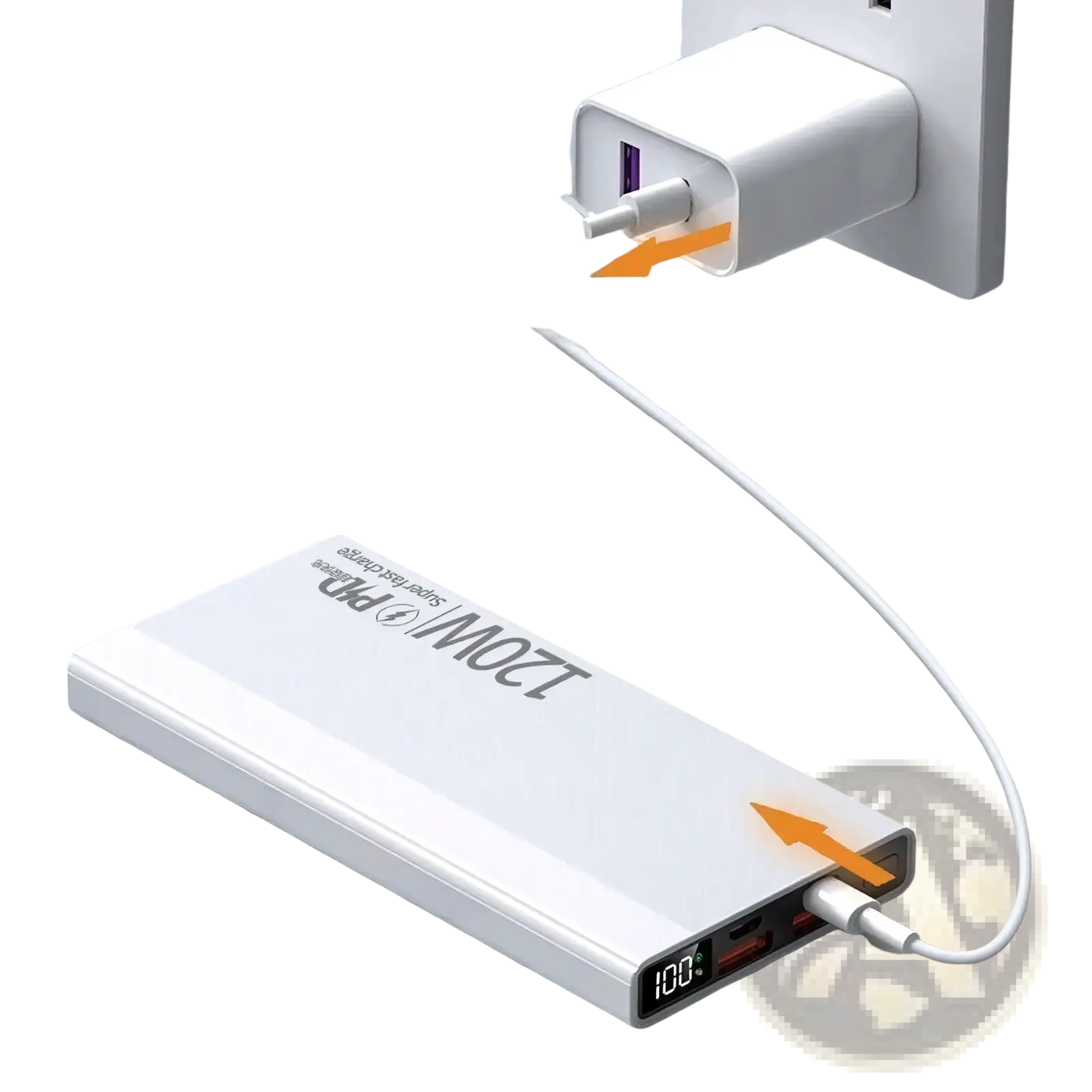 White rectangular portable power bank with 120w pd fast charging and digital display showing 100% battery level