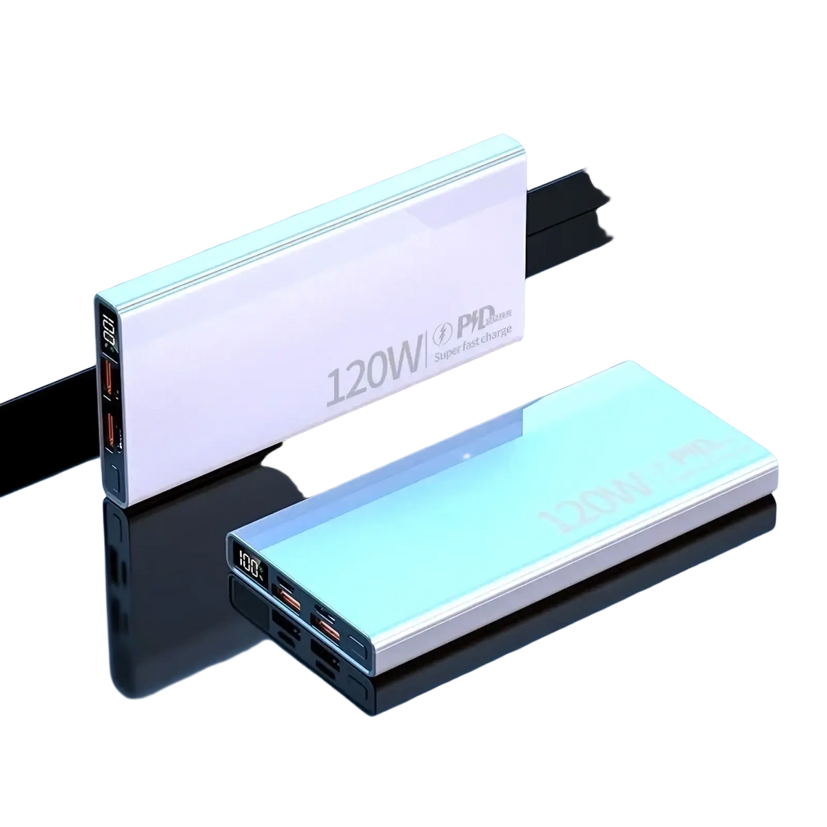 White and silver 120w fast charging portable power bank with multiple USB ports and digital display for efficient use