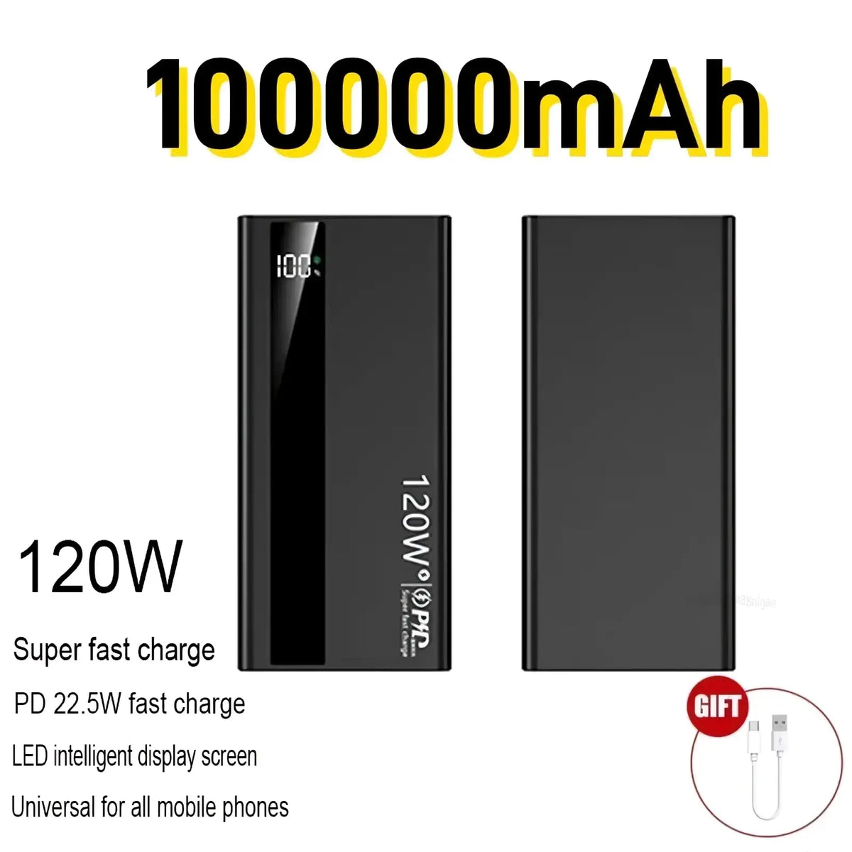 Black rectangular 120w fast charging power bank with digital display showing 100 percent charge and pd branding