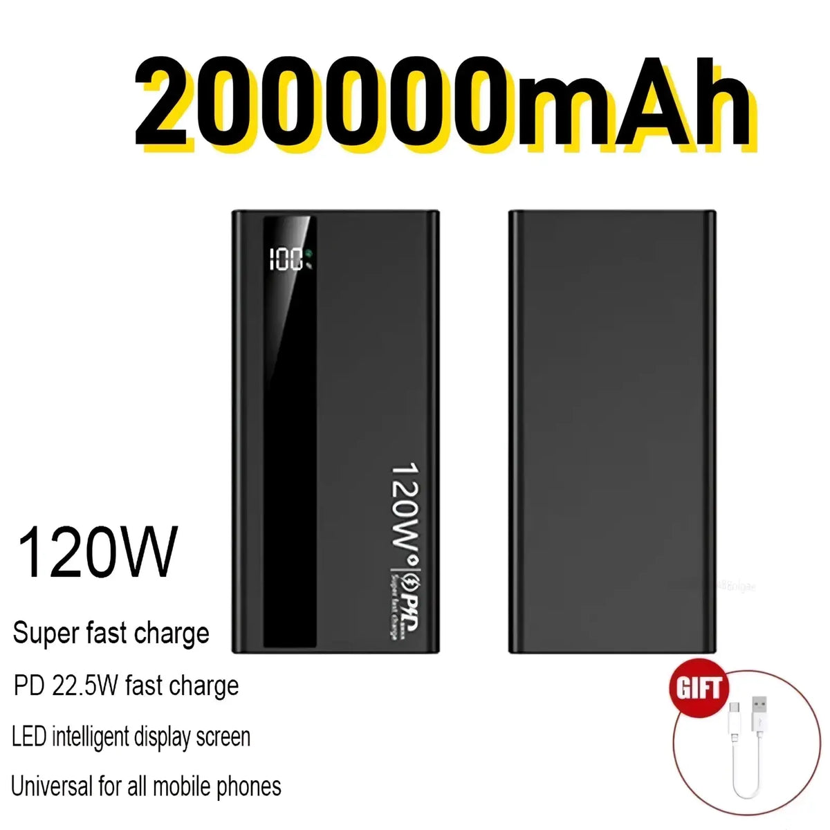Black rectangular 120w fast charging power bank with digital display showing 100 percent charge and pd branding