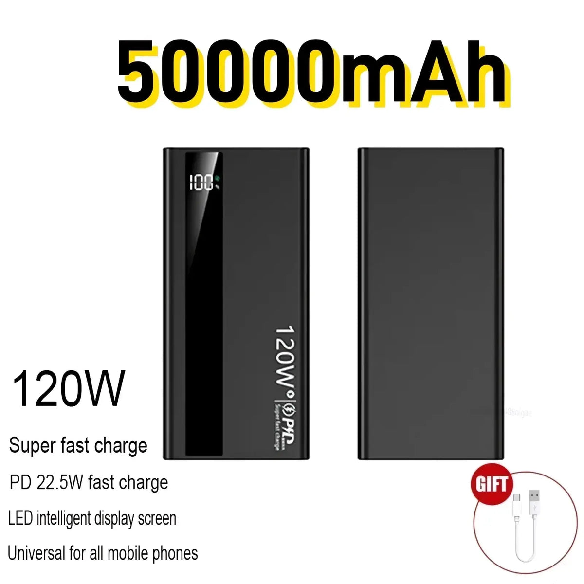 Black rectangular 120w fast charging power bank with digital led display showing 100 percent charge and 50000mAh capacity