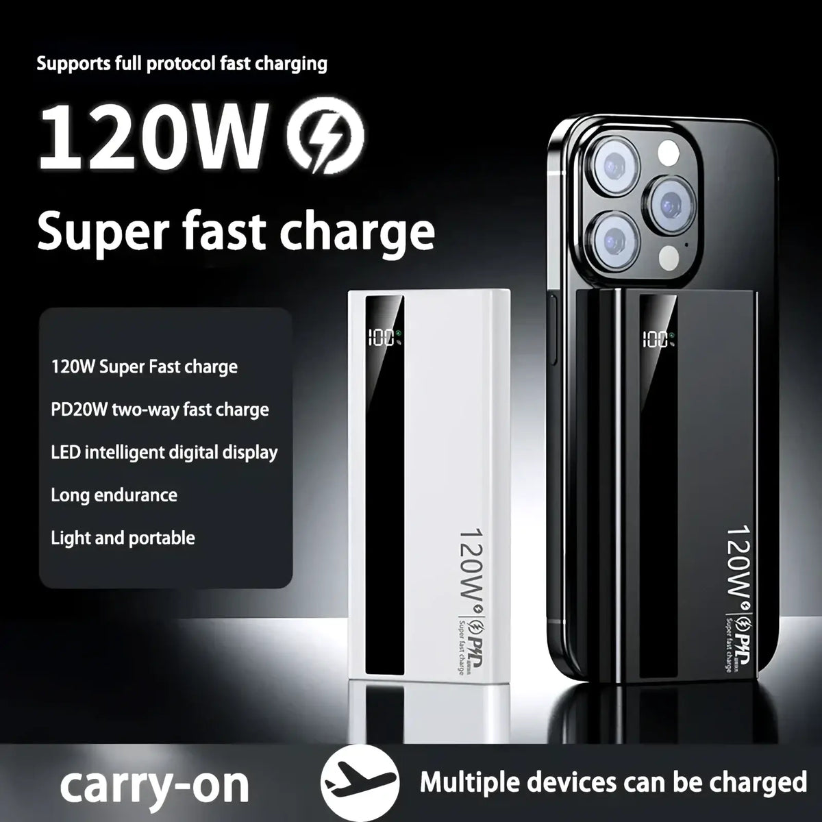 Black and white rectangular 120w fast charging power banks with digital display and sleek minimalist design