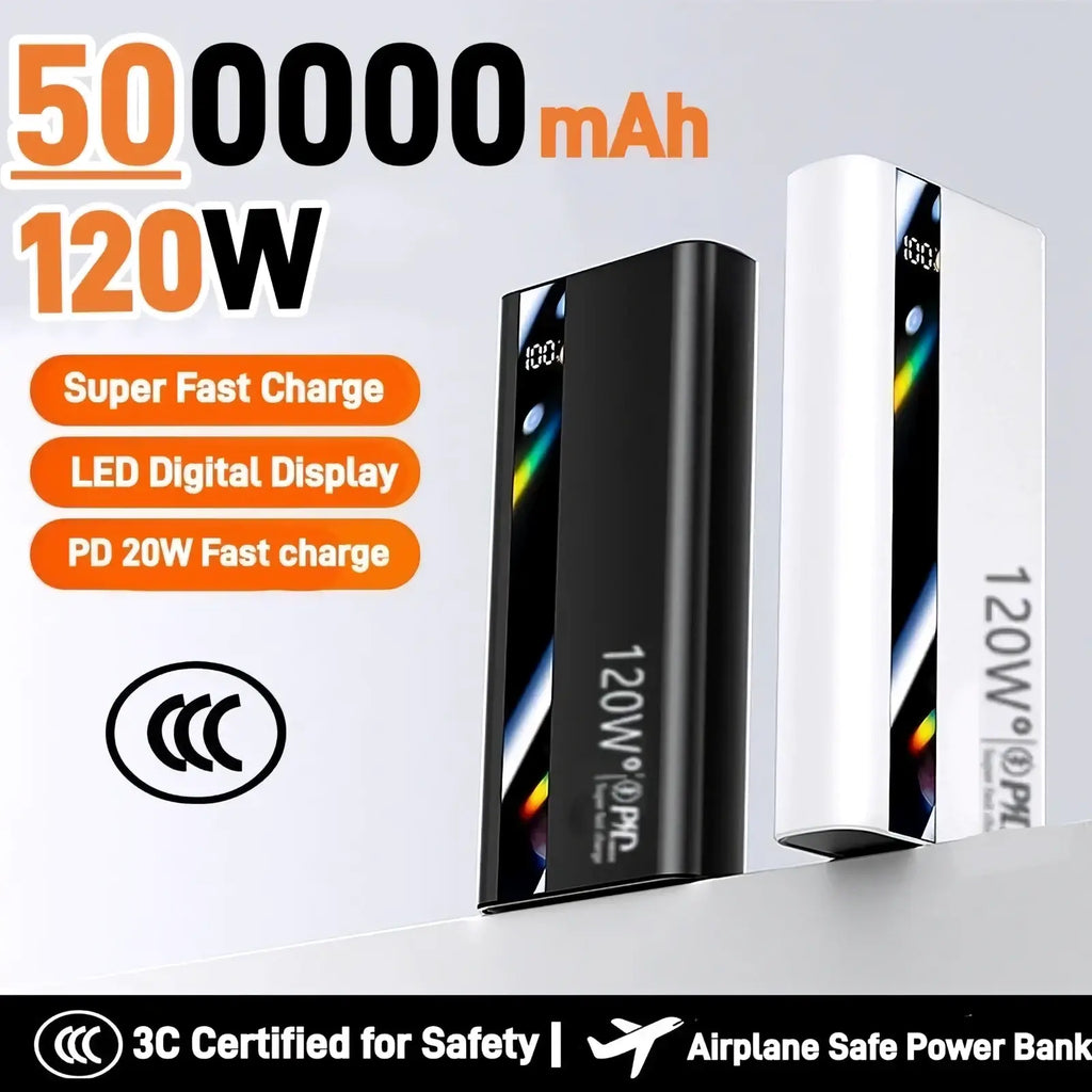 Black and white rectangular 120w fast charging power banks with led digital display showing 100 percent charge and pd 20w fast charge