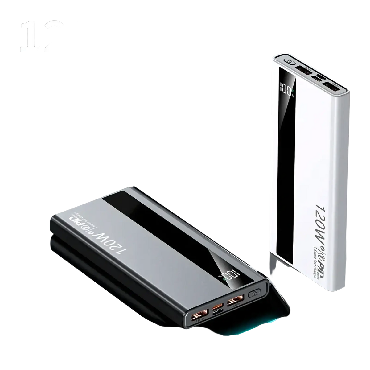 Silver and black 120w usb-c fast charging power bank with digital display for efficient portable device charging