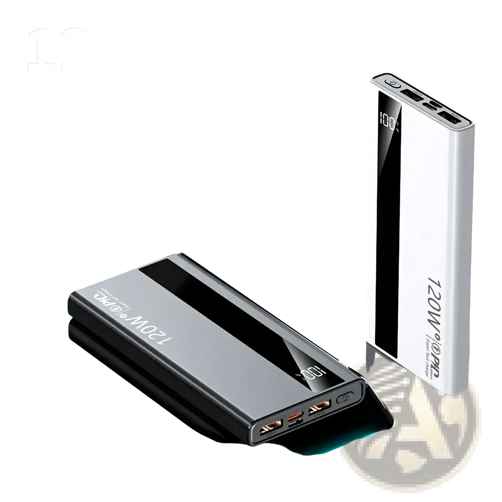 Silver and black 120w usb-c fast charging power bank with digital display for efficient portable device charging