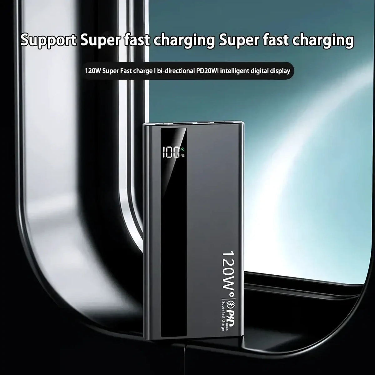 A sleek black rectangular 120w fast charging power bank with a digital display showing 100 percent charge