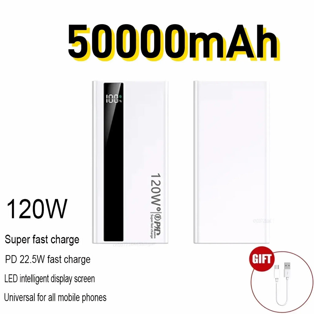 White rectangular 120w fast charging power bank with black LED display showing 100 percent battery and pd fast charging